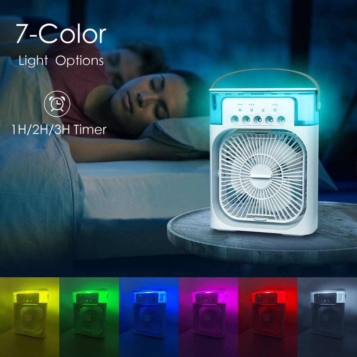 Portable Mini Air Cooler – 3-in-1 USB Air Conditioner Fan with 7 Color LED Lights